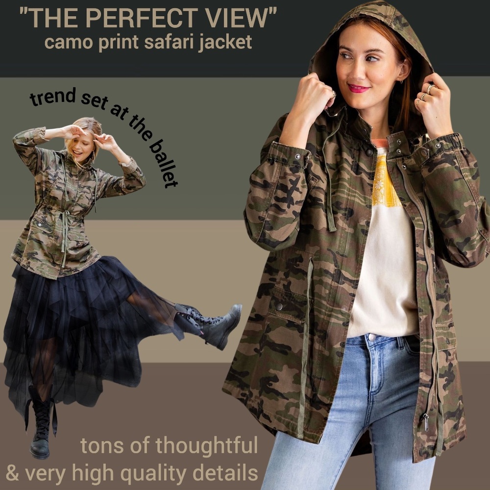 EASEL "Perfect View" Camo Print Cotton Denim Hoodie Jacket Coat Drawstring Waist